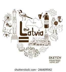 Sketch collection of Latvian symbols. Heart shape concept. Travel background