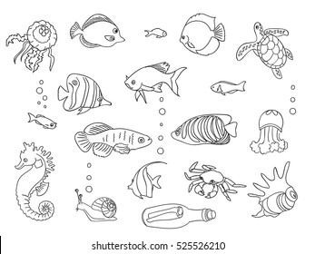 Sketch collection of marine inhabitants. Coloring book page. Kids style, hands drawing, black and wight.