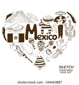 Sketch collection of Mexican symbols. Heart shape concept. Travel background