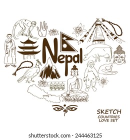 Sketch collection of Nepal symbols. Heart shape concept. Travel background