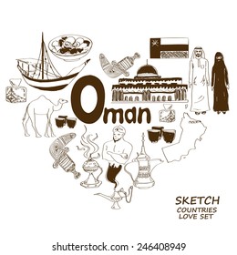 Sketch collection of Oman symbols. Heart shape concept. Travel background