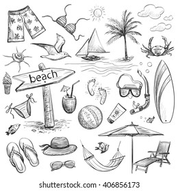 
Sketch collection sea vacation. Isolated pictures on a white background