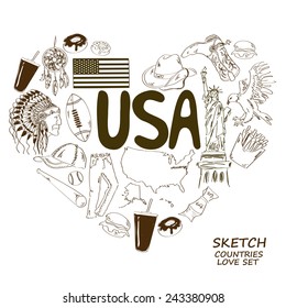 Sketch collection of USA symbols. Heart shape concept. Travel background