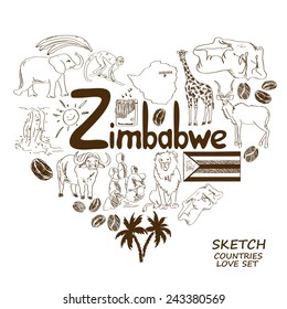 Sketch collection of Zimbabwe symbols. Heart shape concept. Travel background