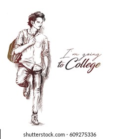 Sketch Of College Student Holding Bag On Isolated White Background