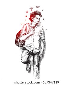 Sketch of College Student Holding bag on Isolated white Background