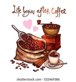 Sketch Color Coffee Illustration. Hand Drawn Still Life With  Coffee Mill, Cup, Bag With Beans, Cinnamon And Lettering