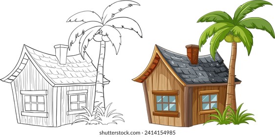 From sketch to color: a cozy tropical cabin.