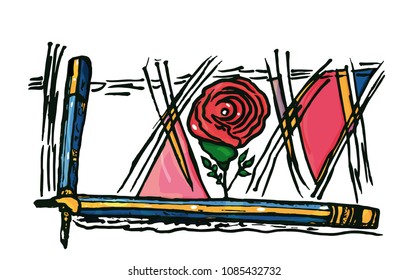Sketch color, drawn simple turned pencils and crossed lines with a stylized rose