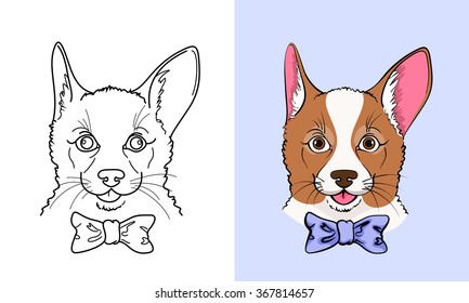 Sketch and color icon of little corgi dog with a bow