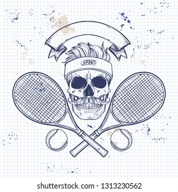 Sketch, Color Skull With Tennis Racquet, Tennis Ball, Sweat Band, Messy Hear And Mustaches On A Notebook Page