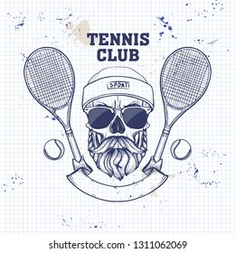 Sketch, color skull with tennis racquets, tennis balls, sweat band, mustaches, beard and sunglasses on a notebook
