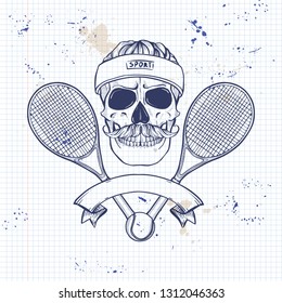 Sketch, Color Skull With Tennis Racquets, Tennis Balls, Sweat Band, Mustaches On A Notebook Page