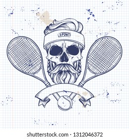 Sketch, Color Skull With Tennis Racquets, Tennis Balls, Sweat Band, Mustaches And Beard On A Notebook Page