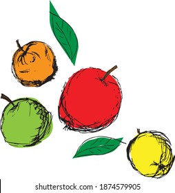 Esbozar la versión de color. Ilustración vectorial. Dibujo manual de pintura sobre fondo blanco. manzana amarilla, roja, naranja y verde con hoja. Diseño para impresión, menú, dibujos animados, tarjetas, carteles, menú de restricción.