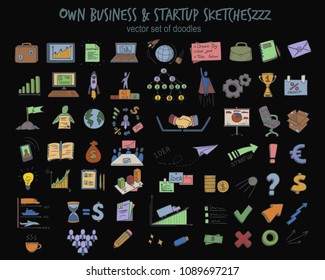 Sketch colored business startup elements set with financial marketing management strategy icons on black background isolated vector illustration