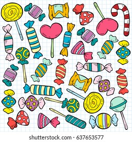 Sketch colored candies and lollipops pattern of different flavors and shapes on note paper background vector illustration