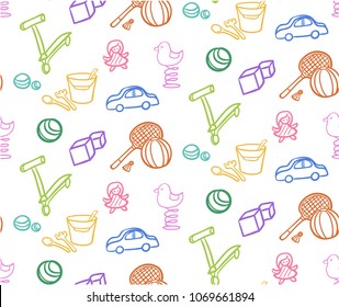 Sketch colored children toys seamless pattern with scooter car doll cubes balls bucket badminton equipment vector illustration