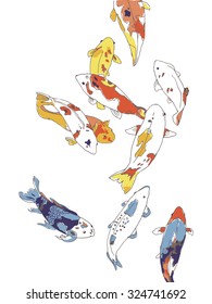 Sketch with colored fishes on a white background