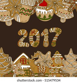 Sketch colored gingerbread background with hand-drawn elements like christmas tree, snowflakes, deer, bell, christmas sock and house. Dark background. 2017 new year gingerbread text.