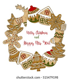 Sketch colored gingerbread postcard with round composition of hand-drawn elements like tree, snowflakes, deer, bell, christmas sock and house. white background. 