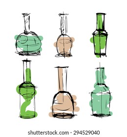sketch colored glass bottles . for the menu of wines . vector on white background