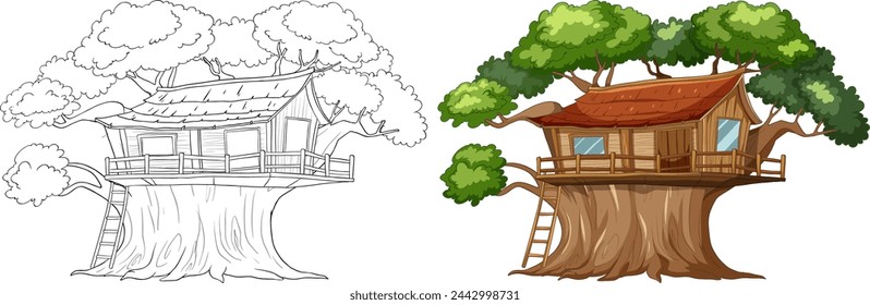 Sketch and colored illustration of a treehouse