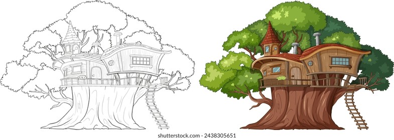 Sketch and colored illustration of a whimsical treehouse.