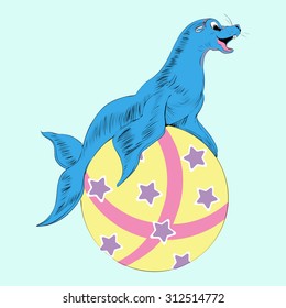 sketch colored ilustration of sea lion on the ball