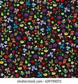 Sketch colored natural summer seamless pattern with beautiful flowers mushrooms butterflies fruits acorns birds on black background vector illustration