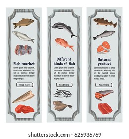 Sketch colored seafood vertical banners with text and different whole fishes parts and pieces vector illustration