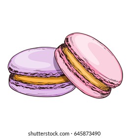 Sketch colorful graphic macarons cakes illustration, draft silhouette drawing, isolated on white background. Delicious vintage etching food design.