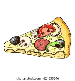 Sketch colorful graphic slice of pizza illustration, vector draft silhouette drawing, isolated on white background. Delicious vintage etching food design.
