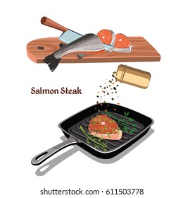 Sketch colorful salmon steak cooking concept with fish piece frying on pan food seasonings and spices vector illustration