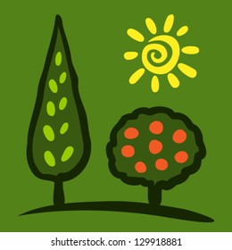 Sketch colorful tree and sun on green background, vector illustration