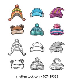 Sketch and colorful winter hat set isolated on white backgroud. Vector illustration