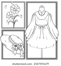 sketch coloring book of a woman in dress hat and flower vector illustration art