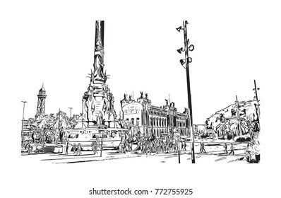 Sketch of Columbus Monument, Barcelona, Spain in vector illustration.