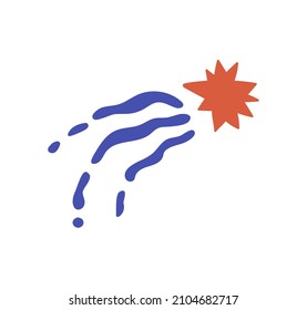 Esbozo del cometa. Punto de quema rojo con colas azules. Dibujos rápidos de movimiento, espacio y niños. Astronomía, Astrología y Ciencia. Dibujo vectorial plano de dibujos animados aislado en fondo blanco