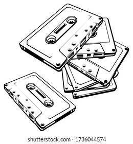 Sketch comics cartoon illustration of audio cassettes, vintage retro music, isolated on white background