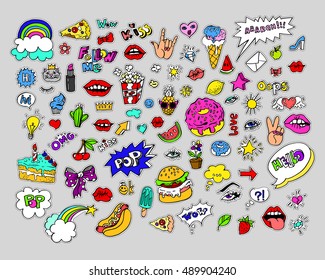 Sketch comics. Fashion  patch badges. Modern doodle cartoon patch badges stickers with speech bubbles, stars, heart, lips and other elements. Set of cartoon pins  80s 90s pop art. Vector Illustration.
