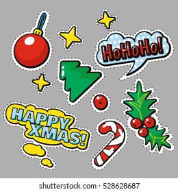 Sketch comics set of Christmas labels with Christmas decorations, stars, holly, candy cane,  Christmas tree, title.The comic style  for your design.