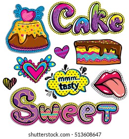 Sketch comics Set of stickers with childish elements hearts, comic clouds with dots and text tasty, baked cakes, words Sweet. Girlish fashion patch badges. Bright colorful hand drawing elements