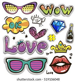 Sketch comics Set of stickers with hearts, speech bubbles, text wow, love, ok, lips, crown, sunglasses, brilliant, letter, champagne bottle. Girlish fashion elements. Comic style. Fashion patch badges