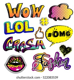 Sketch comics Set of stickers with hearts, speech bubbles, text wow, crash, ok hand, lips kiss love you, fashion, cloud, dots. Girlish and boys fashion, graffiti  elements. Comic style.patch badges 