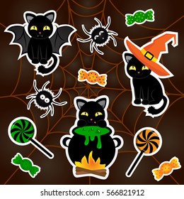 Sketch comics Set of stickers with net, spider, cats, hat, candy. Girlish, boyish halloween elements in bright colors. Comic style. Fashion patch badges. Stickers for Halloween decoration attributes. 