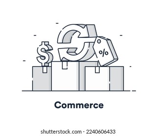 Sketch commerce concept. Dollar sign and price, discounts and promotions, special offer. Advertising poster or banner for website, marketing. Cartoon flat vector illustration