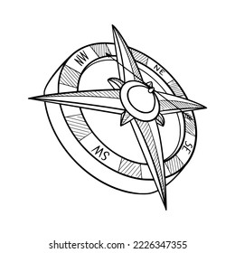 Sketch of compass for pirate adventures. Compass in doodle style. Vector illustration isolated in white background