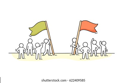 Sketch of competition with working little people. Doodle cute miniature scene of two teams with flags. Hand drawn cartoon vector illustration for business design and infographic.