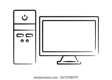 Sketch Bloque de equipo y monitor aislado. Botón y pantalla eléctricos. Tecnologías de contorno. Pantalla de escritorio. Equipo de oficina lineal. Dibujo a lápiz de objeto sobre fondo blanco. Ilustración vectorial